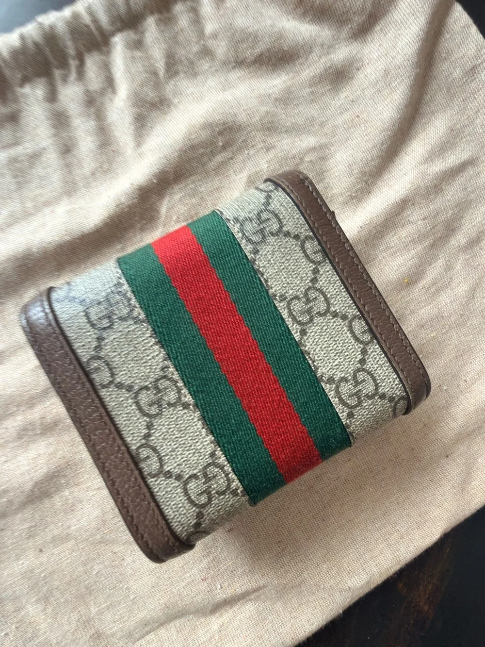Gucci Brown GG Canvas Wallet with Green and Red Web and Gold GG
